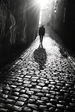 Solitary Stroll: Silhouetted Figure Walks Cobblestone Alley