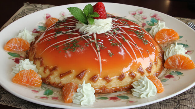 Orang jell-o mold cake decorated with whipped cream and mandarin orange slices, food photograph
