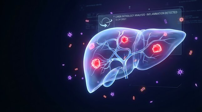 Glowing transparent human liver medical visualization with inflammation detected and various viruses and bacteria surrounding it, representing internal disease and pathology