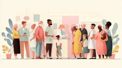 Fototapeta premium Diverse Group of People Waiting in Line at Healthcare Facility with Medical Staff and Patients
