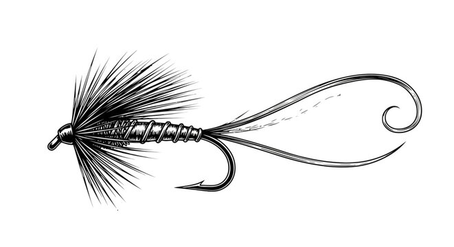 Vintage fly fishing lure vector illustration, hand drawn fishing fly with feathers and hook, classic trout lure engraving for outdoor sports