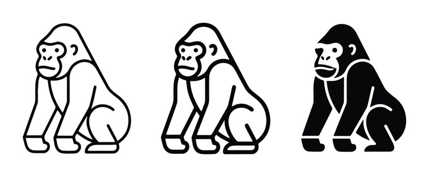 simple black and white vector icons of sitting gorillas