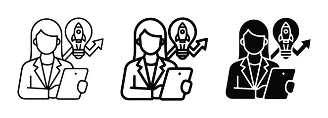 business people working together with light bulb and rocket ship symbols   vector set of three black and white outline © Jannatul