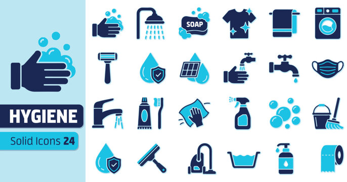 Hygiene and cleaning icons vector set, sanitation, handwashing and household cleaning symbols for healthcare design.