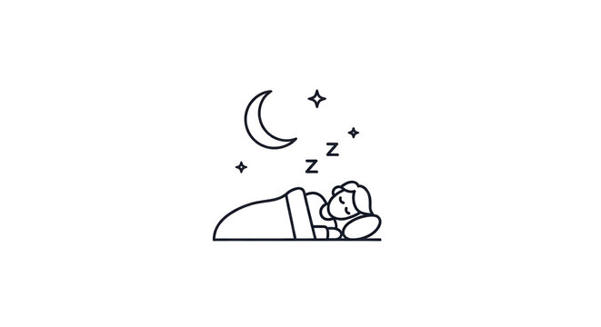 Minimalist sleeping person icon, thin line art of man resting in bed under moon and stars, night time sleep cycle concept illustration isolated PNG with Transparent Background