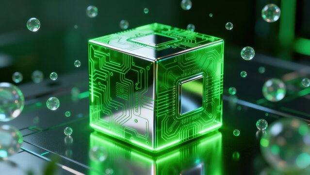 Green glowing circuit cube with bubbles