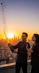 Fototapeta premium Couple Celebrating with Champagne on Rooftop at Sunset City Skyline