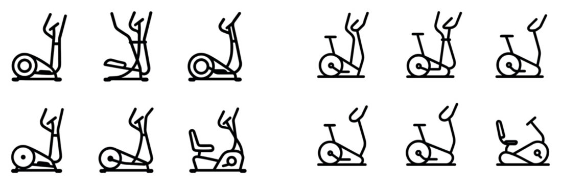 Fitness icons with treadmill bike stepper outline