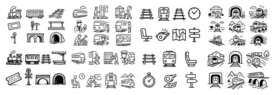 Train travel doodle icons: vehicles, tracks, stations