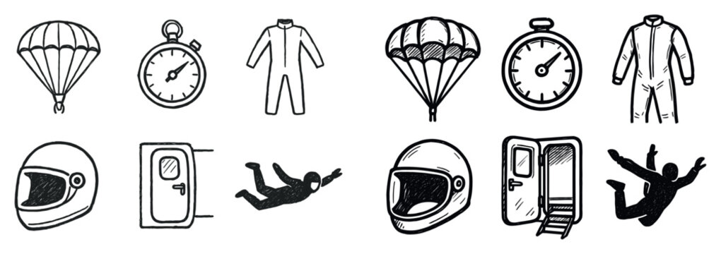 Skydiving icons with parachute helmet jumpsuit sketch