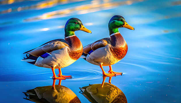Two mallard ducks standing on rippling blue water reflecting sunlight, natural wildlife scene in a pond or lake, vibrant colors and tranquil atmosphere