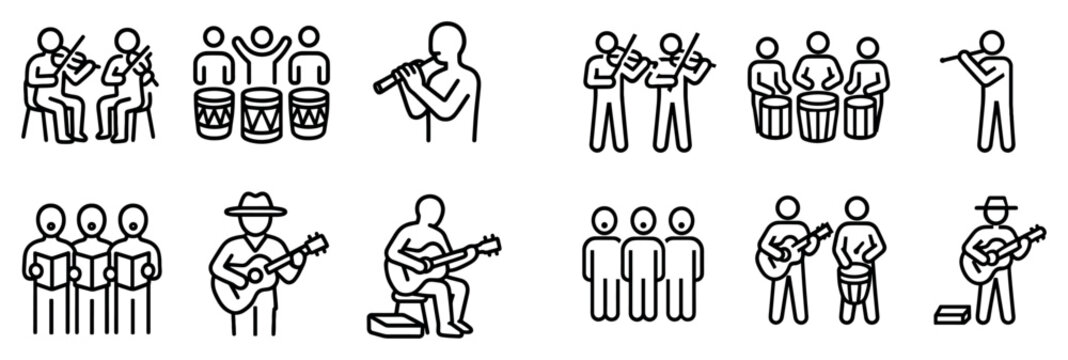 Music icons with musicians and instruments outline