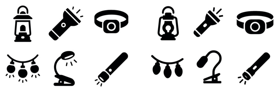 Camping icons with lantern flashlight headlamp minimal