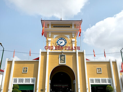Ben Thanh Market Fa&ccedil;ade which preserves the French colonial architecture that is still being used today. One of the major landmarks in Ho Chi Minh city, Vietnam.