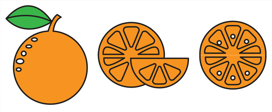 Orange Fruit and Orange Slice Icon Set, for Food and Health Concepts, can be used for websites, logos, apps, templates, and UI designs. Vector illustration.


