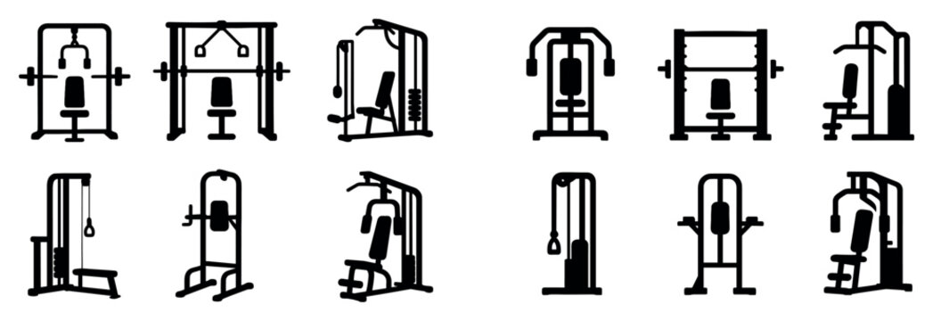 Fitness icons with weight machine cable minimal outline