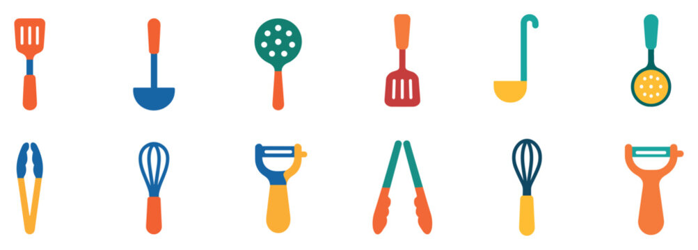 Kitchen icons with spatula ladle peeler flat