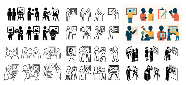 Stick figures engaging in art and learning