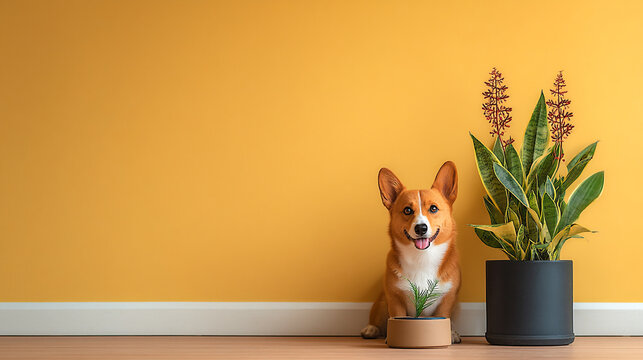 Cute corgi dog sitting next to potted plant with yellow wall canis lupus familiaris domestic