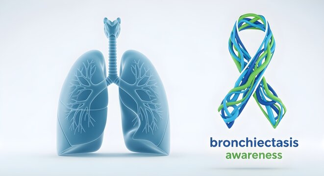Isolated, detailed 3D render of a pair of healthy human lungs in a serene blue tone next to a stylized, abstract "bronchiectasis awareness" ribbon on white.