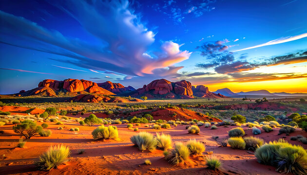 Vibrant desert landscape at sunset with rugged rock formations and sparse vegetation, dramatic clouds painted in hues of orange, blue, and purple, conveying a sense of awe and isolation