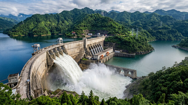 Hydroelectric dam with powerful water flow generating sustainable clean energy source