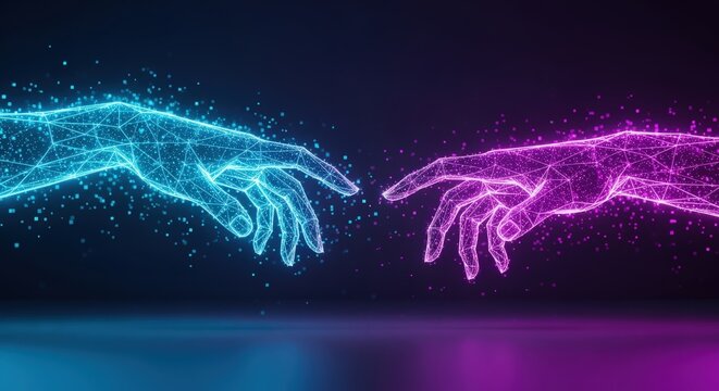 Conceptual illustration of two digital wireframe hands reaching toward each other in neon blue and purple, symbolizing artificial intelligence, data connection, and futuristic technology.