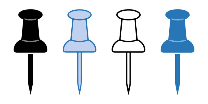 Vector set of pins elements, A macro set of sharp colored plastic push pins and metal thumbtacks used to fix a paper note or memo to an office board
