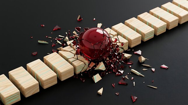 Red glass sphere shattering wooden blocks on dark surface with debris explosion.