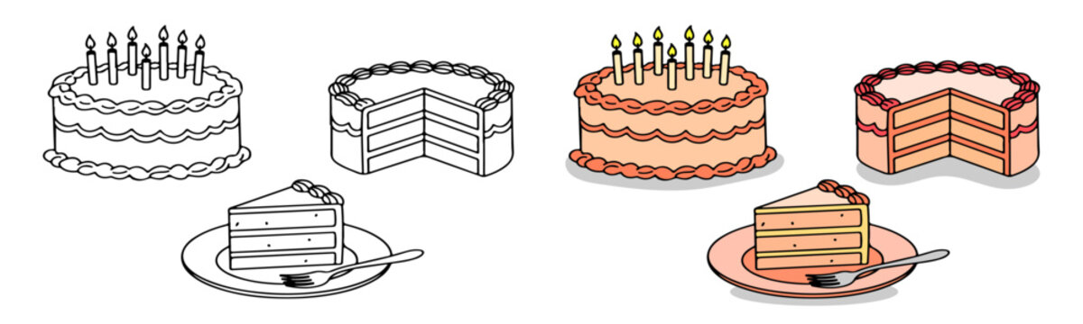 Birthday cakes vector illustration with doodle line art,  Hand-drawn birthday cake illustration set in pink tones, cake, birthday, food, anniversary, wedding cake, festival, celebration