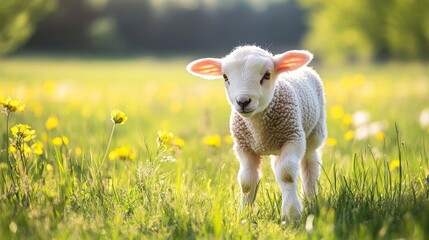 Fototapeta premium Sheep lamb walks on green grass with yellow flowers under sunlight during spring season in a rural area