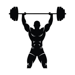 Naklejka premium Weightlifting silhouette of muscular bodybuilder lifting heavy barbell, powerlifting athlete performing overhead press, gym fitness vector icon for bodybuilding and strength training