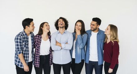Obraz premium A diverse group of cheerful young friends laughing and having fun together against a white background.