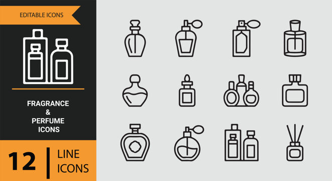 Fragrance and perfume outline icons bottles scents aroma cosmetic collection