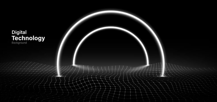 Black digital grids landscape with glowing arcs technology backgrounds