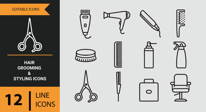 Hair grooming and styling outline icons barber tools haircut styling kit