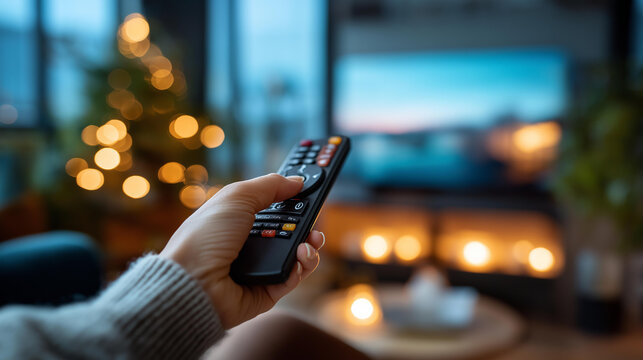 Close up of a single hand holding a TV remote control aimed toward a bright softly defocused TV screen in a cozy living room VOD multimedia TV streaming remote control evening