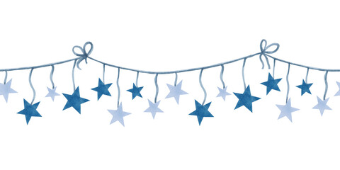 Seamless border of a garland of hanging stars on threads. Blue banner with sky element. The magic of the night sky. Hand drawn watercolor painting. Art of nightlights for a children theme, background. © JennyaJA