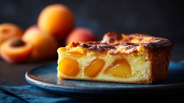Apricot clafoutis styled for luxury advertisement, perfect surface, charcoal background, controlled spotlight