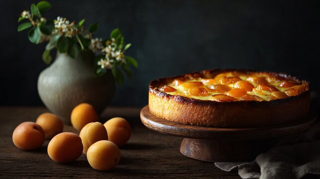 Apricot clafoutis styled for luxury advertisement, perfect surface, charcoal background, controlled spotlight