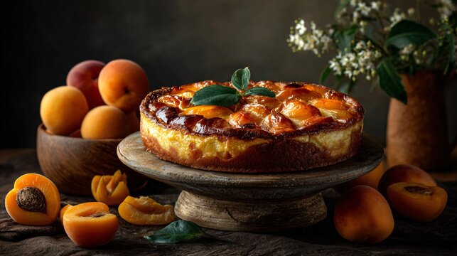 Apricot clafoutis styled for luxury advertisement, perfect surface, charcoal background, controlled spotlight