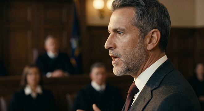 A confident male lawyer passionately presents his compelling case during a tense courtroom trial, advocating for justice and fair representation in a modern legal setting