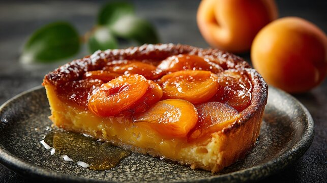 Apricot clafoutis styled for luxury advertisement, perfect surface, charcoal background, controlled spotlight