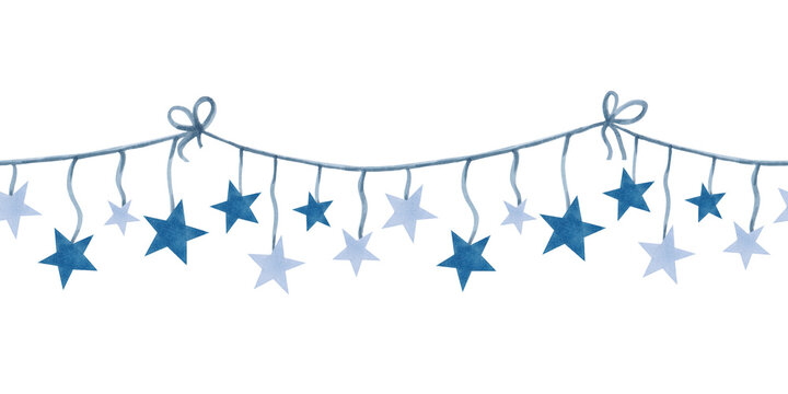 Seamless border of a garland of hanging stars on threads. Blue banner with sky element. The magic of the night sky. Hand drawn watercolor painting. Art of nightlights for a children theme, background.