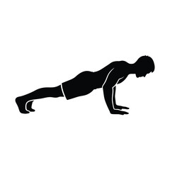 Fototapeta premium Athletic man silhouette performing push ups, male fitness athlete doing plank exercise vector, bodyweight strength training workout icon, gym and health club branding graphic