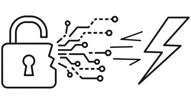 An open padlock disintegrating into digital particles and a lightning bolt