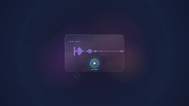 Animated audio waveform and play button on dark background, glowing purple and blue, sound wave motion graphics.