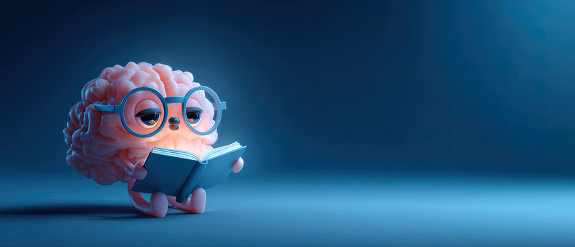3D cartoon brain character with glasses reading a book, isolated on blue background, symbolizing learning and intelligence.