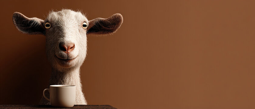 Funny goat sitting at table with white coffee mug on brown background, perfect for cafe, humor, and lifestyle themes.