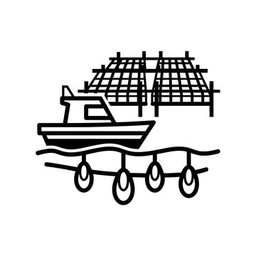 Commercial boat at an oyster farm with floating racks and submerged cultivation lines. Ideal for mariculture industry branding, seafood supply chain blogs, and marine logistics.